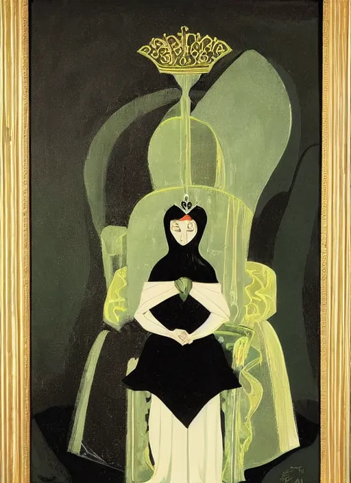 Image similar to an oil painting of a small queen in a black funeral dress sit on a throne, by eyvind earle