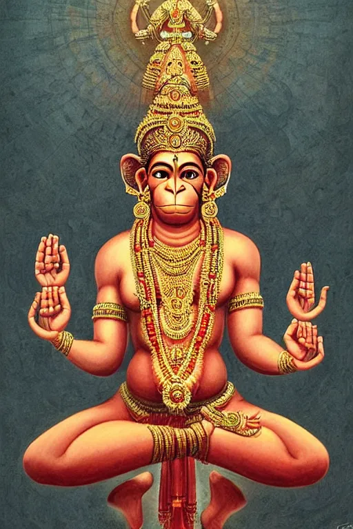 Image similar to a full body portrait of a beautiful ornated hanuman god, arms pointing up!!!, meditative sacral pose, hindu stages of meditation, intricate, elegant, highly detailed, line art!!!!!!!, artstation, concept art, smooth, sharp focus, illustration, art by krenz cushart and artem demura and alphonse mucha