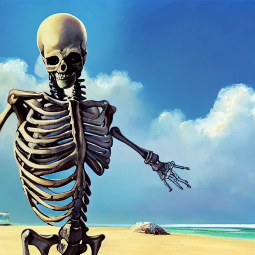 Prompt: Beautiful digital painting portrait of relaxed skeleton walking on the tropical beach with nuclear bomb explosion in the background nuclear bomb explosion in the background, by James Gurney, high quality, trending on Artstation, realistic, tropical color scheme, anatomically correct skeleton, high coherence, clear blue sky