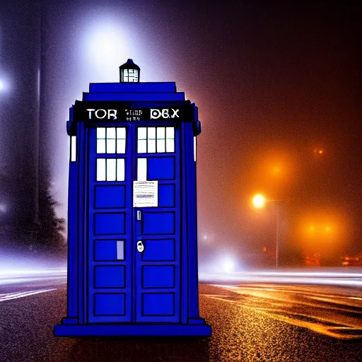 Image similar to a hyperdetailed photograph of the tardis sat on a futuristic street corner, night, dense fog, rain, hd, 8 k resolution