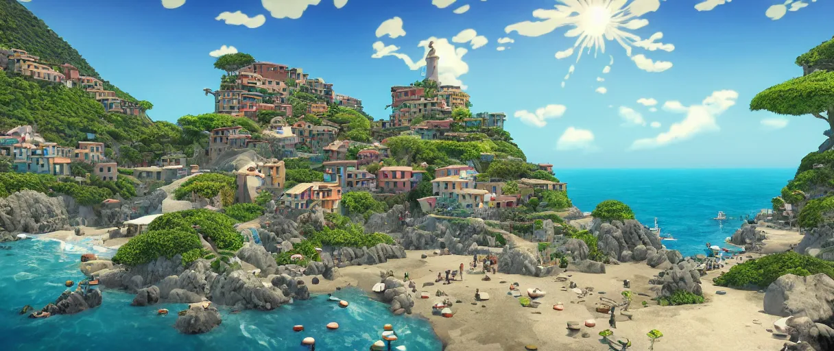 Image similar to pixar 3D render, by studio ghibli, (french bande dessinée), solarpunk, 1244, fantasy setting, jrpg, mediterranean landscape, quaint old village, cinq terre, highly detailed, luminous, white rock, bright beautiful teal sky and sea, style by moebius, radiosity, concept art, unreal engine