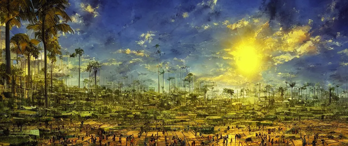 Prompt: brasilia!!, dystopian, sun, blue and green ( ( light ) ), very detailed picture, by marc simonetti
