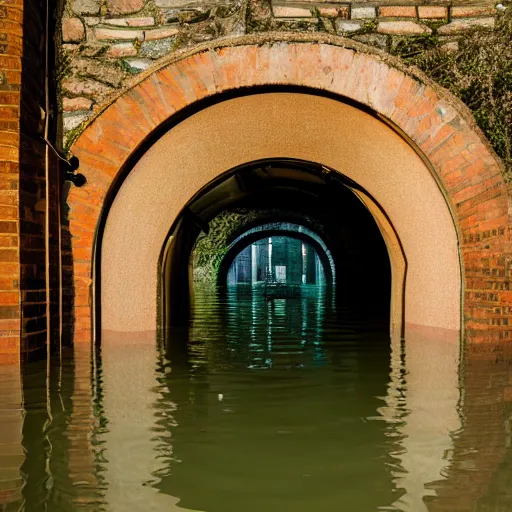 Prompt: flooded tunnel with arched ceilings and doorways, natural light,