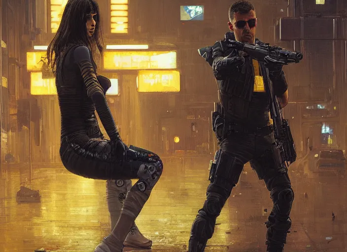 Image similar to Maria evades sgt Nash. Cyberpunk hacker wearing yellow escapes police troopers (blade runner 2049, cyberpunk 2077). beautiful face. Orientalist portrait by john william waterhouse and James Gurney and Theodore Ralli and Nasreddine Dinet, oil on canvas. Cinematic, hyper realism, realistic proportions, dramatic lighting, high detail 4k