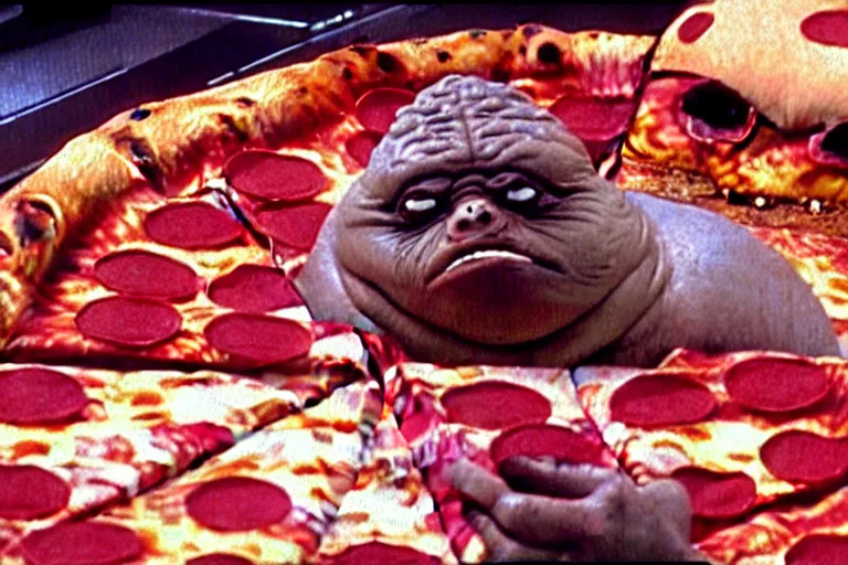 Image similar to a film still of pizza the hut in the akira, high quality