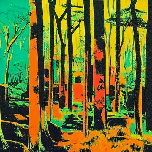 Image similar to an ancient village in a magical forest, painting by andy warhol