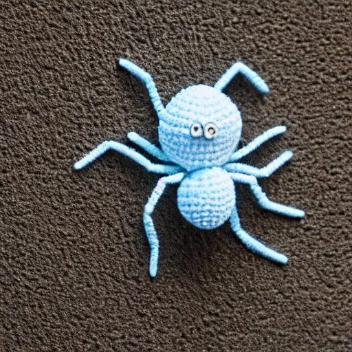 Prompt: super cute fluffy light blue color spider crochet doll standing on sand, hyperrealistic photograph, highly detailed, tactile, 8k, close up, macro