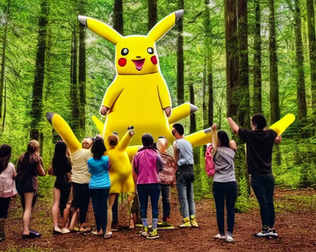 Image similar to photograph of a group of people worshipping a giant pikachu in a forest, ultra realistic!!!, spring time, slight overcast weather, golden hour, sharp focus