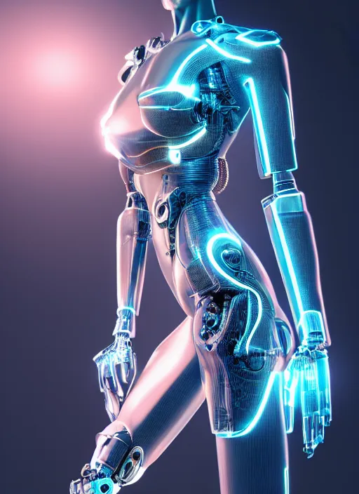 Image similar to photorealistic detailed full body picture of a female cyborg, pretty face, with head arms legs feet and hands, glamour pose, neon lights, humanoid, extreme, uhdr, book called the most influental cyborg in 2 0 5 0, fine details, highly detailed, intricate, smooth sharp focus, symmetrical features, environmental portrait, realistic render