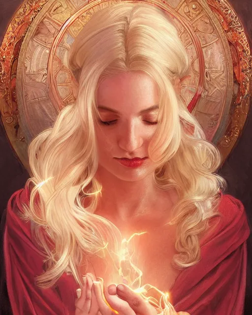 Prompt: Portrait of a blonde Goddess, holds a spark of all creation in her hands, a tiny red dragonlet, intricate dress, wide angle, intricate, elegant, overdetailed, professional digital painting, artstation, concept art, smooth, sharp focus, 8K, art by artgerm and greg rutkowski and alphonse mucha and loish and WLOP