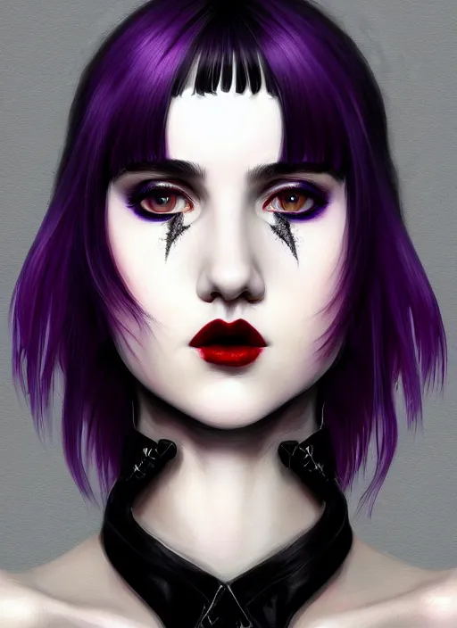 Image similar to portrait of white teenage girl, normal face, black bangs, mall goth, cyberlox, black and white hair, bangs, fluffy bangs, red contacts, purple lipstick, intricate, elegant, highly detailed, digital painting, artstation, concept art, sharp focus, smooth, illustration, art by wlop, mars ravelo and greg rutkowski