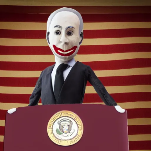 Image similar to puppeteer using marionette of a president in a podium