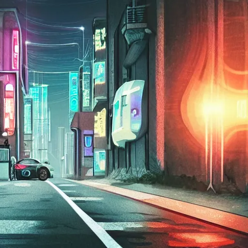 Image similar to car light far away on the cyberpunk street, future