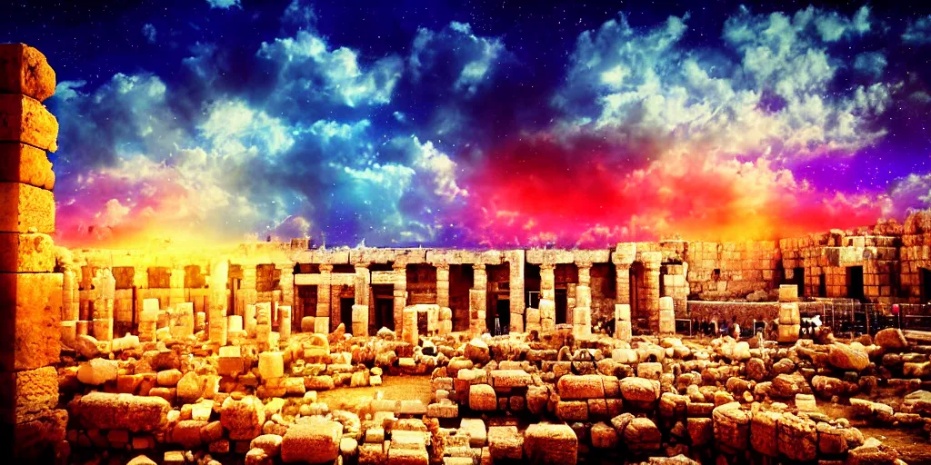 Image similar to spiritual chakra energies in the huge ruins of the second temple in jerusalem, dreamy sky, the third temple hovers quietly hiding in the sky above, very colorful painting 8 k trending on art station, intricate superb details, digital art, cinematic lighting, volumetric lighting, photographic, blur bokeh defocus dof sky by afremov, award winning masterpiece.