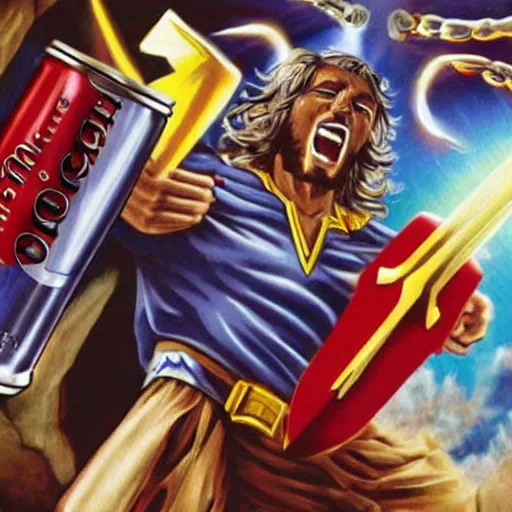 Image similar to jesus christ battling the megazord while holding a case of coors light with a sword in the other hand, realistic, modern