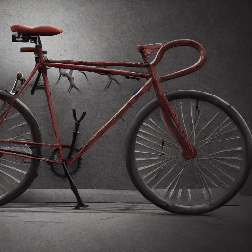 Image similar to fixed gear bike made of flesh and bones, scream and fear, body-horror, high detail, photorealism, full length view, insanely intricate details, octane render, 16k, 8k