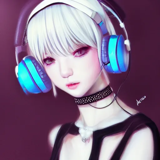 Image similar to realistic teasing detailed semirealism beautiful gorgeous cute Blackpink Lalisa Manoban white hair white cat ears blue eyes, wearing black camisole outfit, headphones, black leather choker full HD 4K high resolution quality WLOP, Aztodio, Taejune Kim, Guweiz, Pixiv, Instagram, Artstation