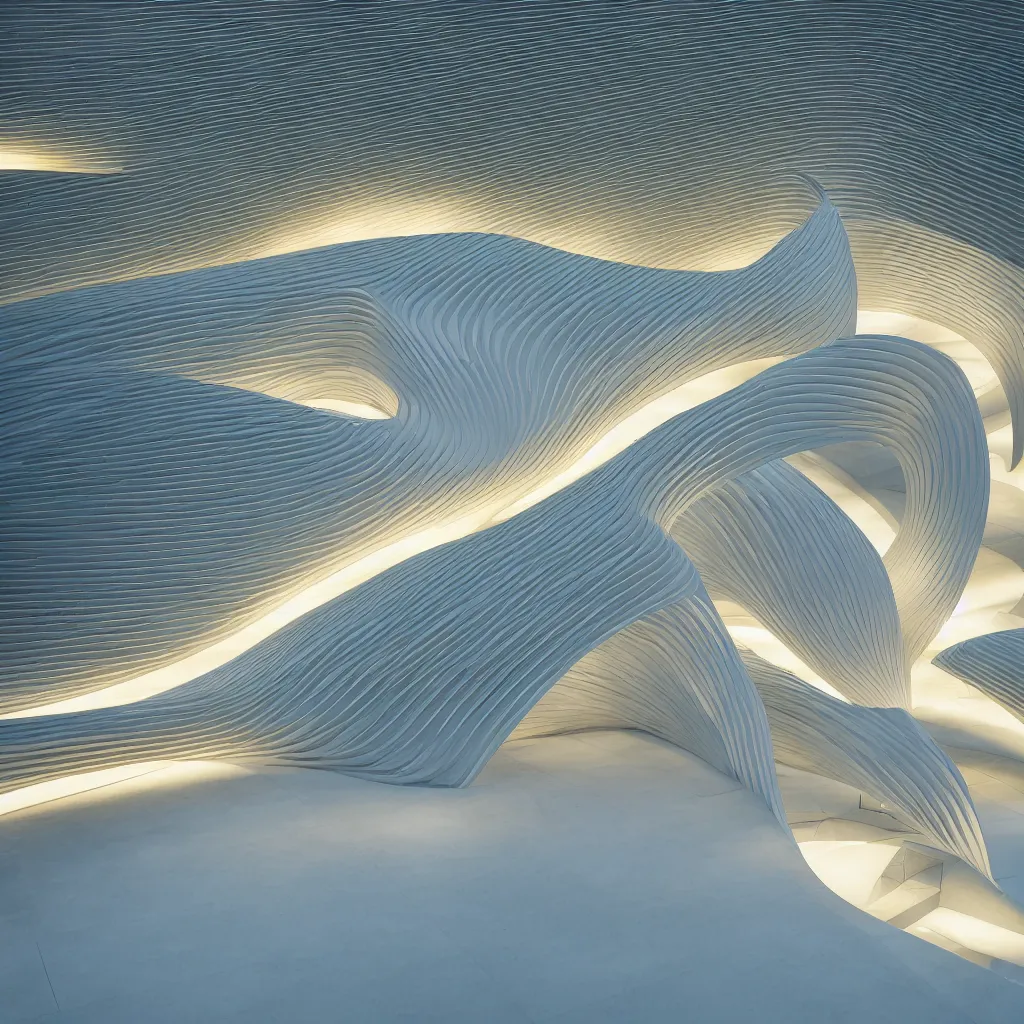 Image similar to an incredibly smooth curvilinear architectural sculpture, a golden pool on the ground is envelope by folding white surfaces, blue light, visually satisfying architecture render