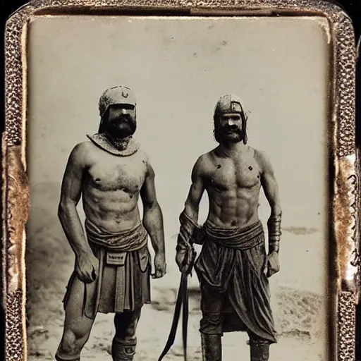 Image similar to spartan man and his helot slave, helot, ancient sparta, daguerreotype photograph, ancient photograph