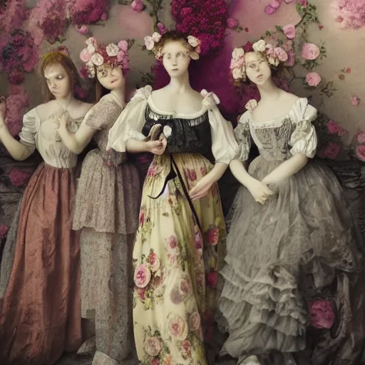 Image similar to 8k, octane render, realism, tonalism, renaissance, rococo, baroque, group of creepy young ladies wearing long harajuku manga dress with flowers and skulls, background chaotic flowers