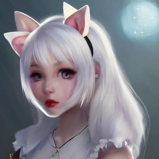 Prompt: realistic beautiful gorgeous Anna Taylor-Joy white hair cute white cat ears in maid dress outfit golden eyes artwork drawn full HD 4K highest quality in artstyle by professional artists WLOP, Taejune Kim, Guweiz, ArtGerm on Artstation Pixiv