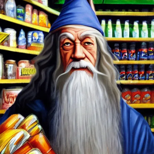 Image similar to oil painting of Gandalf wearing wizard hat, stacking supermarket shelves, depressing, sadW 704