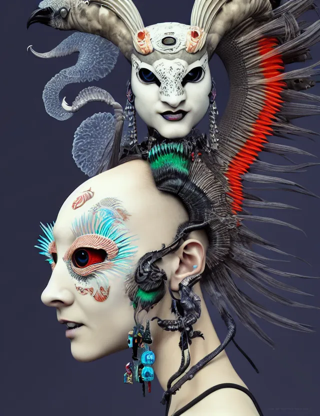 Image similar to 3 d goddess close - up profile portrait punk with mohawk with ram skull. beautiful intricately detailed japanese crow kitsune mask and clasical japanese kimono. betta fish, jellyfish phoenix, bio luminescent, plasma, ice, water, wind, creature, artwork by tooth wu and wlop and beeple and greg rutkowski