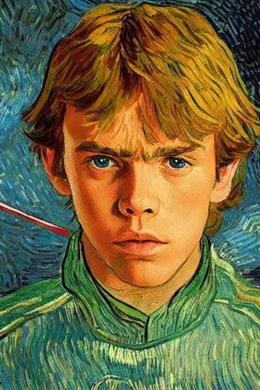 Image similar to bright beautiful oil painting portrait of young luke skywalker in 1 9 th century clothing with a missing ear, light scatter, van gogh