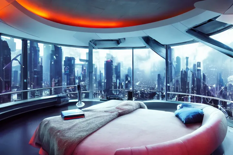 Prompt: a futuristic bedroom with large curved ceiling high windows looking out to a far future cyberpunk cityscape, cyberpunk neon lights, raining, scifi