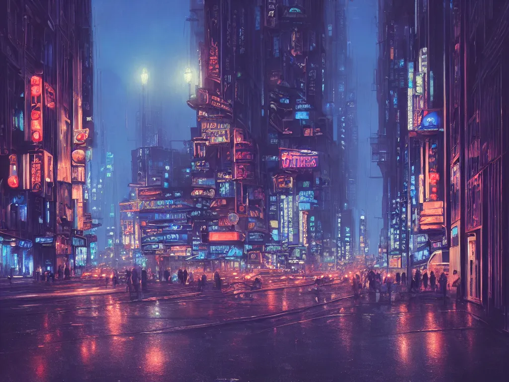 Prompt: hyperrealistic matte painting of a busy city street at night, classical architecture, by hugh ferris, noriyoshi ohrai, john harris, neon signs, blue color scheme, gritty, fine detail, polished, sharp focus, octane, cgsociety, trending on artstation