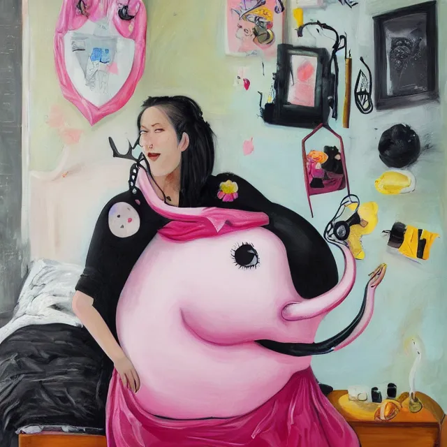 Prompt: a portrait in a female artist's bedroom, black walls, emo girl riding an inflatable pig, sheet music, berries, surgical supplies, pancakes, black flowers, sensual, octopus, neo - expressionism, surrealism, acrylic and spray paint and oilstick on canvas