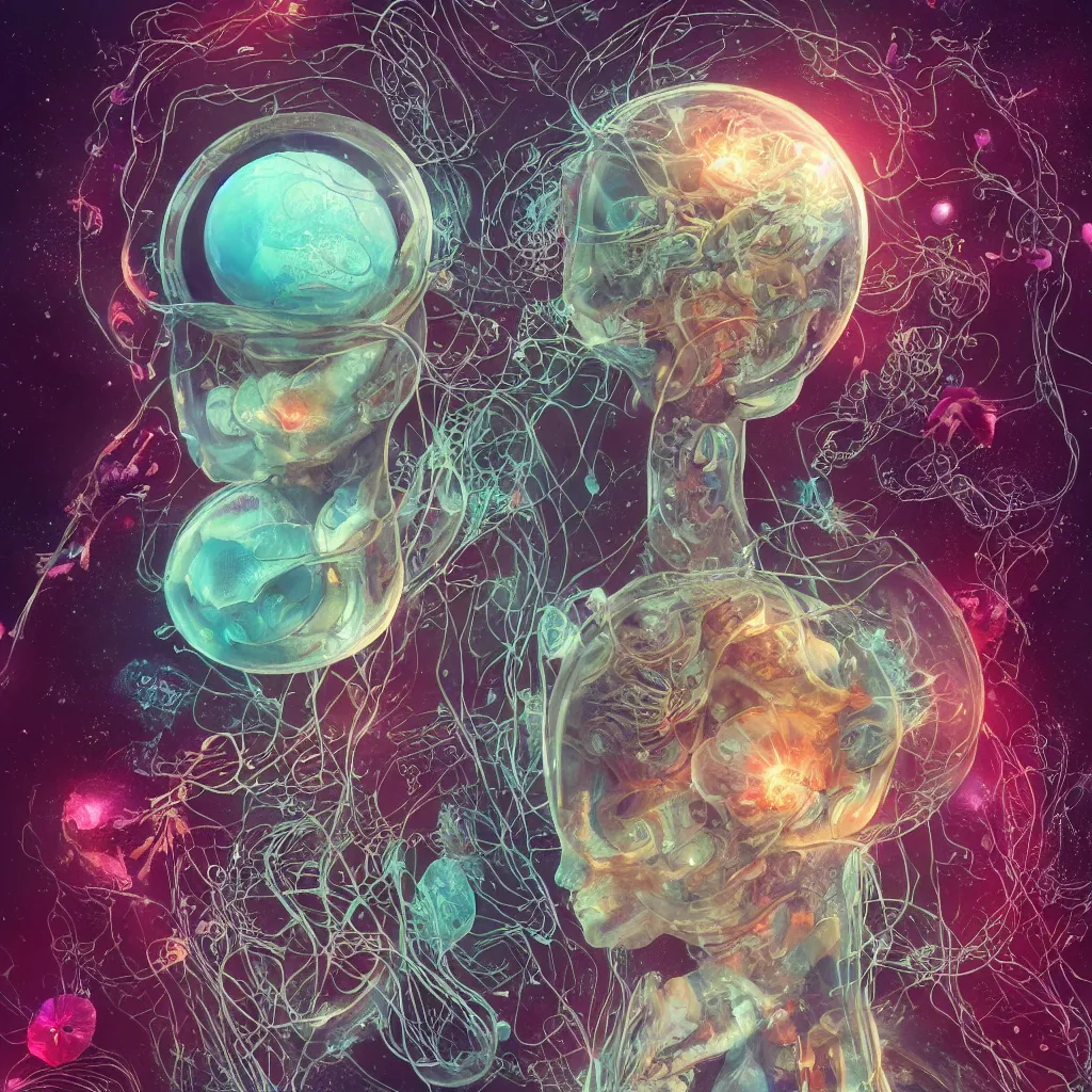 Prompt: close-up portrait goddess brain inside a astronaut helmet, x-ray, backbone, jellyfish phoenix head, nautilus, orchid, betta fish, bioluminiscent creatures, dark deep complex air bubbles in background, intricate artwork by Tooth Wu and wlop and beeple. octane render, trending on artstation, greg rutkowski very coherent symmetrical artwork. cinematic, contrasted, hyper realism, high detail, octane render, 8k