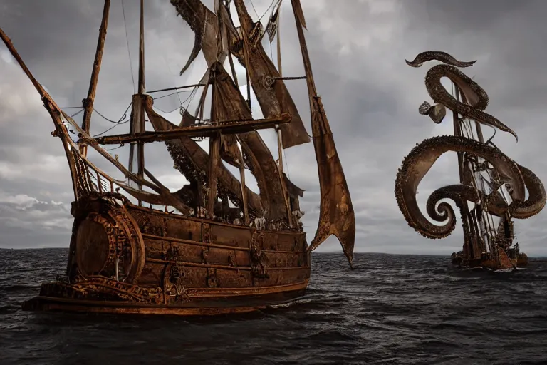 Prompt: product shot kraken rum on an old pirate ship, giant tentacle by emmanuel lubezki