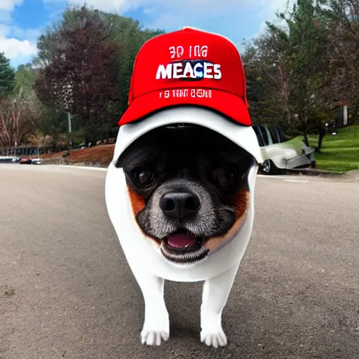 Image similar to doge wearing a make america great again cap, realistic, 8 k,