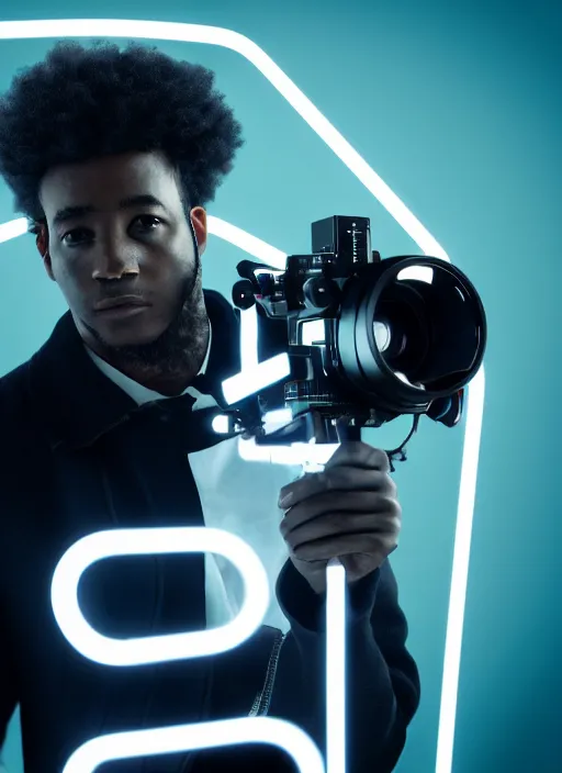 Image similar to a black man with short curly haircut, portrait, wearing black letter jacket, holding a futuristic looking big cinema camera, light blue led's, sharp focus, octane render, hyperrealistic, cinematic lighting, highly detailed, 8 k,