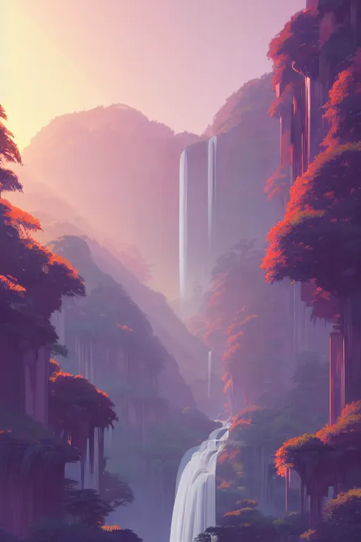 Image similar to evergreen valley, waterfalls, ancient marble city, tall buildings, wide view, landscape, by makoto shinkai and lois van baarle, ilya kuvshinov, rossdraws, tom bagshaw, global illumination, morning light, radiant light