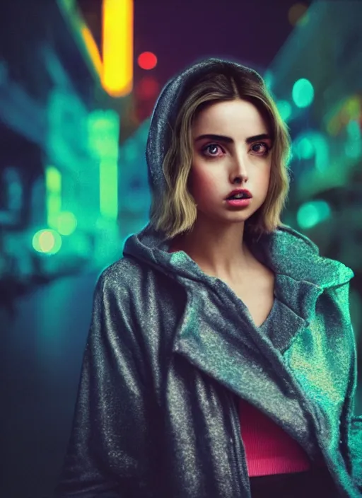 Prompt: A hyper realistic and detailed head portrait photography of Ana De Armas of Blade Runner 2048 in an iridescent hoodie on a futuristic street. by Annie Leibovitz. Neo noir style. Cinematic. neon lights glow in the background. Cinestill 800T film. Lens flare. Helios 44m