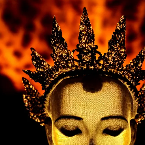 Image similar to Crown made of Bokeh on a head made of light on an angel with wings of fire standing on lava. Photo.