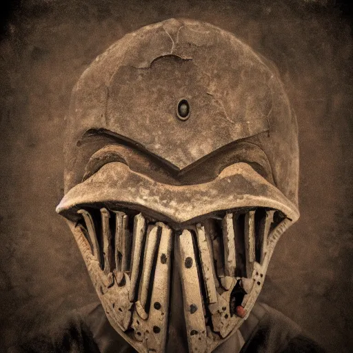 Prompt: a painting of an ominous dark ancient mask. worn out photography. sepia. cracks. hyper - detailed. gothic steampunk. medieval baroque. symmetric. epic. hyper - realistic. unreal render.