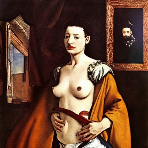 Prompt: shameless and ashamed. painting by diego velazquez and milo manara
