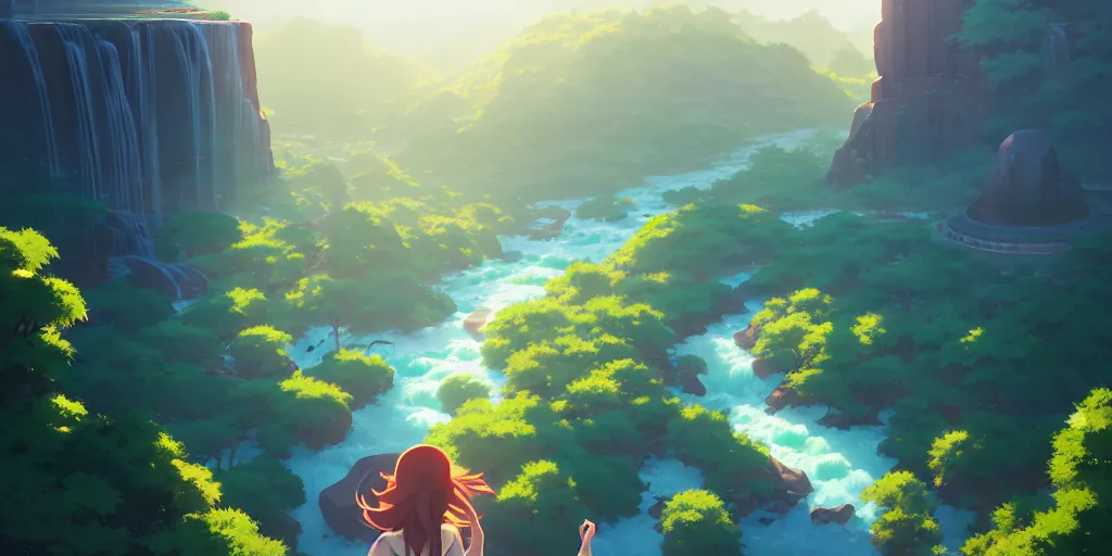 Image similar to evergreen valley, several waterfalls, ancient city, tall marble buildings, landscape, global illumination, morning light, radiant light, bird's eye view, by makoto shinkai and lois van baarle, ilya kuvshinov, rossdraws, tom bagshaw,