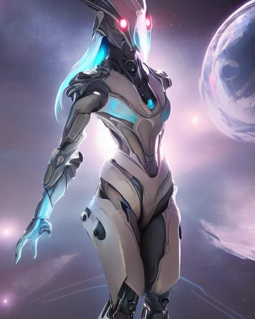 Image similar to perfect android girl on a mothership, warframe armor, beautiful face, scifi, futuristic, galaxy, nebula, raytracing, dreamy, long white hair, blue cyborg eyes, sharp focus, cinematic lighting, highly detailed, artstation, divine, by gauthier leblanc, kazuya takahashi, huifeng huang