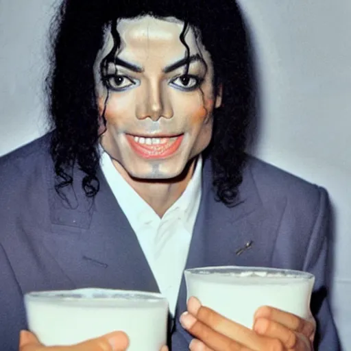 Image similar to michael jackson with a creepy smile, bathing in a pool of milk