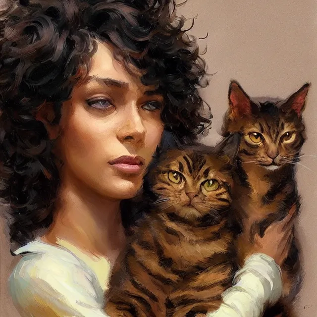 Prompt: a brown skinned woman with two cats, brown curly hair, portrait, elegant, intricate, digital painting, artstation, concept art, smooth, sharp focus, illustration, art by konstantin korovin and daniel f. gerhartz and john howe