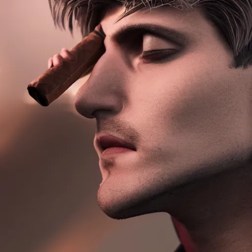 Image similar to a closeup photo of handsome gigachad xqc smoking a cigar, 8k photorealism, extremly detailed, trending on artstation