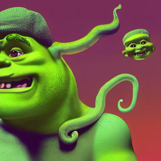 Image similar to Shrek face as 50cent , tentacles, unnatural shapes, jellyfish, insect, octane render, 3d digital art by beeple, unreal engine 5, award winning