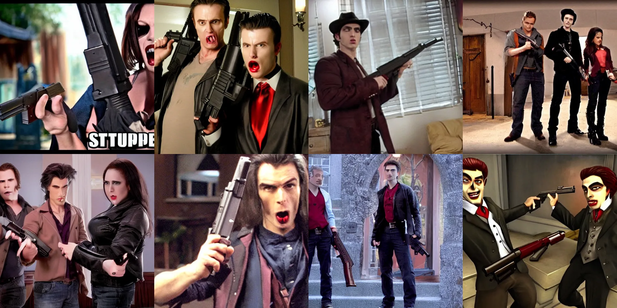 Prompt: Still from Vampires Holding Guns 2: Reloaded, Sitcom, incredible budget, highly upvoted