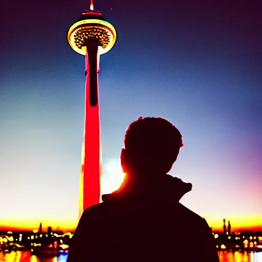 Image similar to man with mars for head in front of Toronto space needle, dramatic epic cinematic lighting, maple leaves and daggers background
