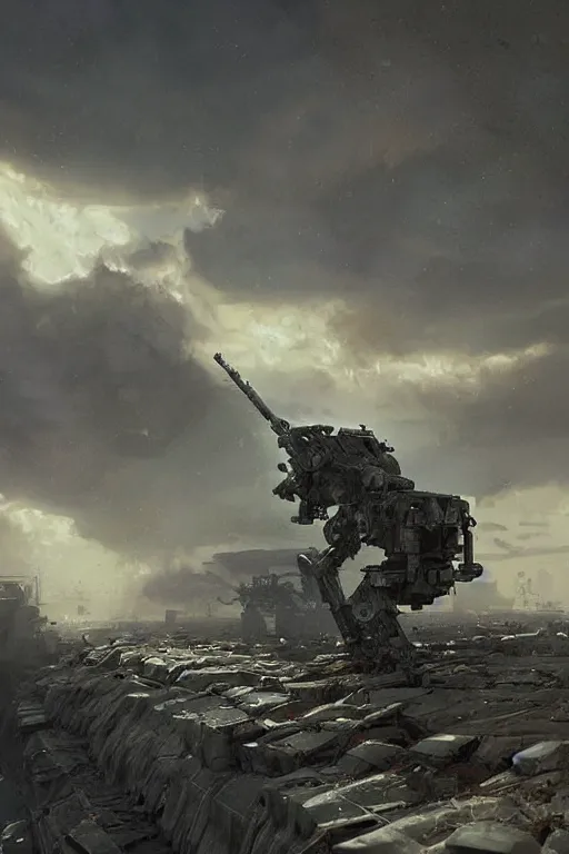 Image similar to a mech sodier with a head of a british longhair cat in the war, epic scene, by greg rutkowski