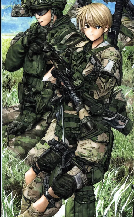 Image similar to girl, trading card front, soldier clothing, combat gear, matte, illustration, by takeshi obata, green screen